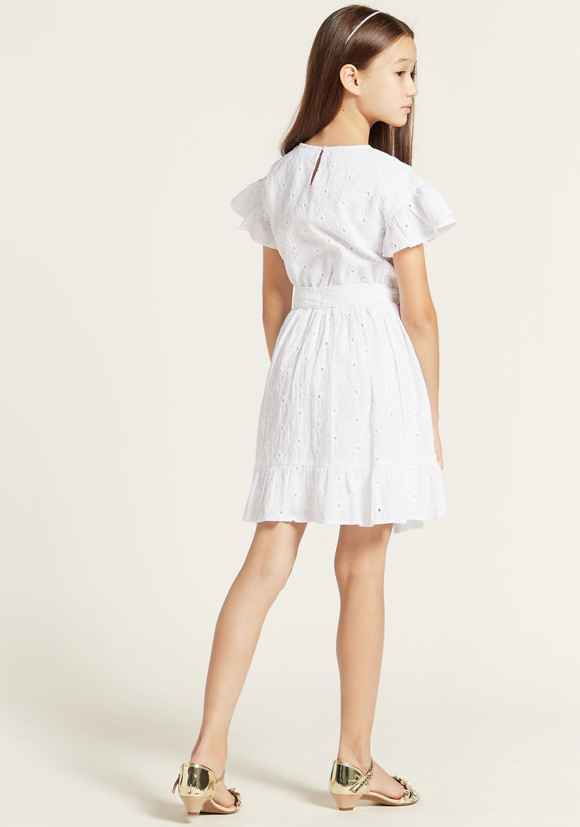 Juniors Textured Dress with Tie-Up Belt and Ruffle Detail-Dresses%2C Gowns and Frocks-image-3