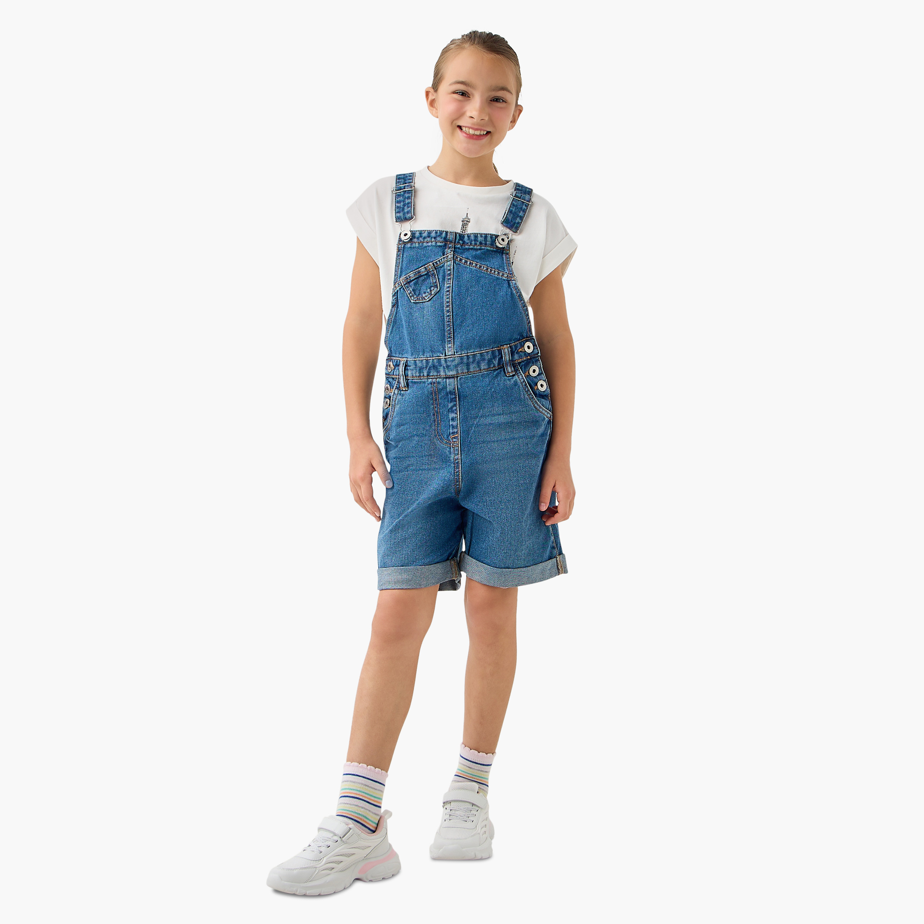Juniors Solid Denim Dungaree with Pockets-girls-clothing-dressesandjumpsuits-image-1
