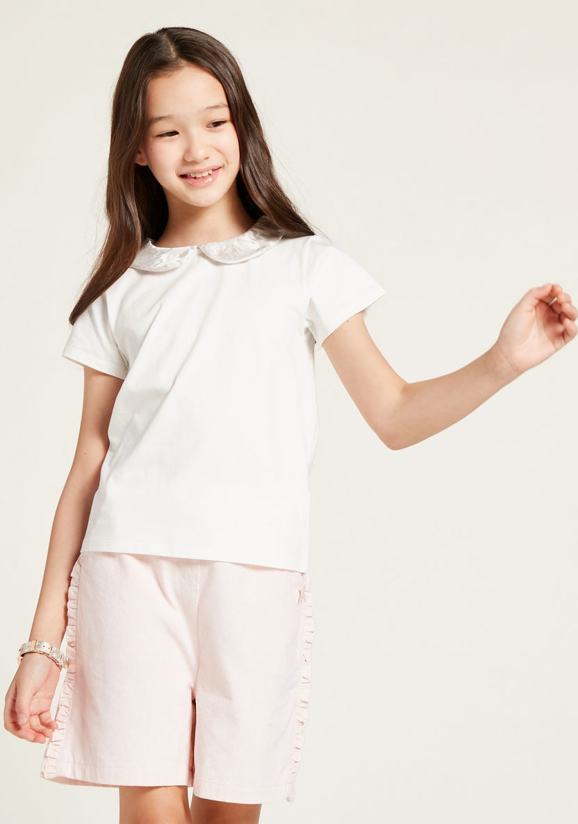 Juniors Solid Top with Peter Pan Collar and Short Sleeves-Blouses-image-2