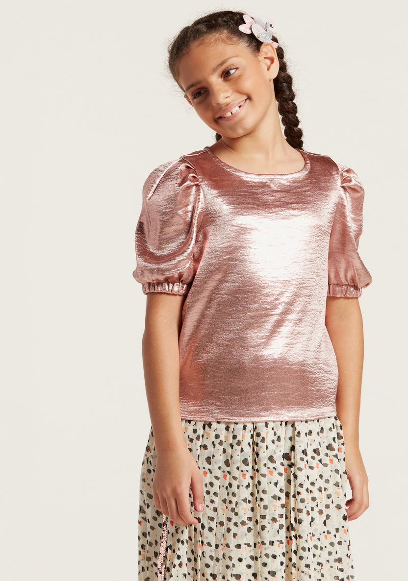 Juniors Solid Top with Round Neck and Puff Sleeves-Blouses-image-1