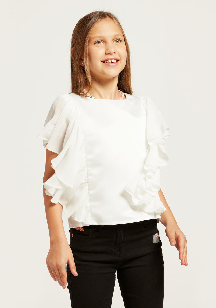 Juniors Solid Ruffle Top with Round Neck and Short Sleeves-Blouses-image-1