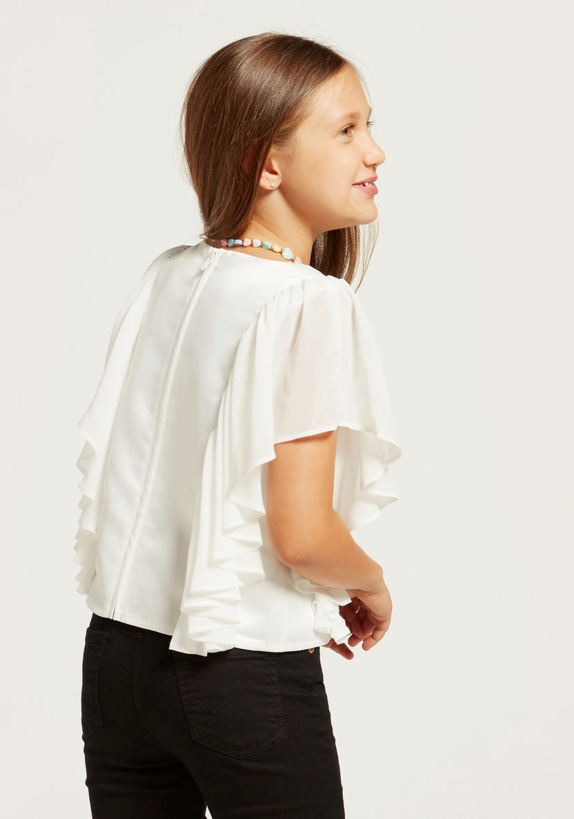 Juniors Solid Ruffle Top with Round Neck and Short Sleeves-Blouses-image-3