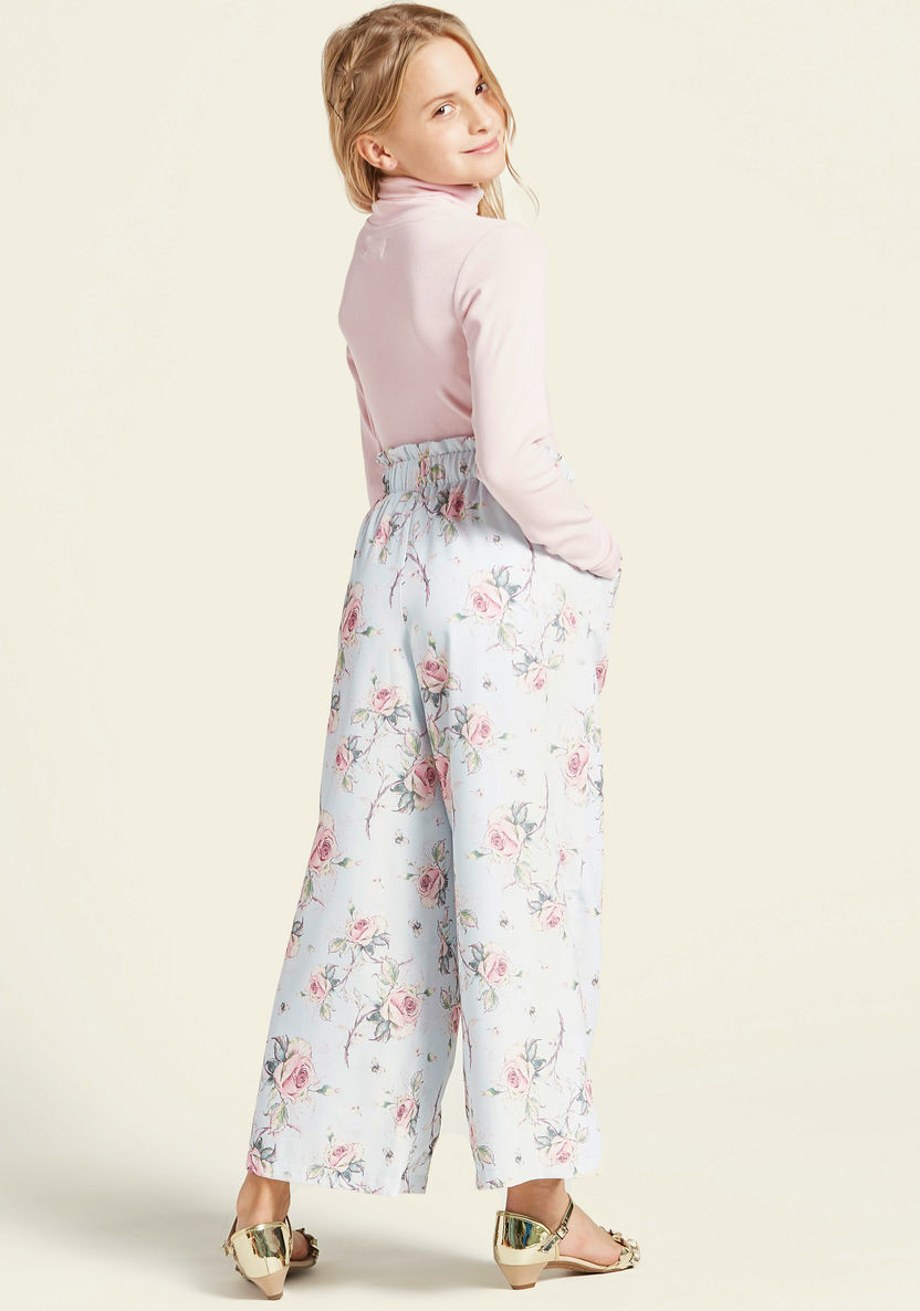 Juniors All-Over Floral Print Palazzo with Paperbag Waist and Tie-Ups-Pants-image-3