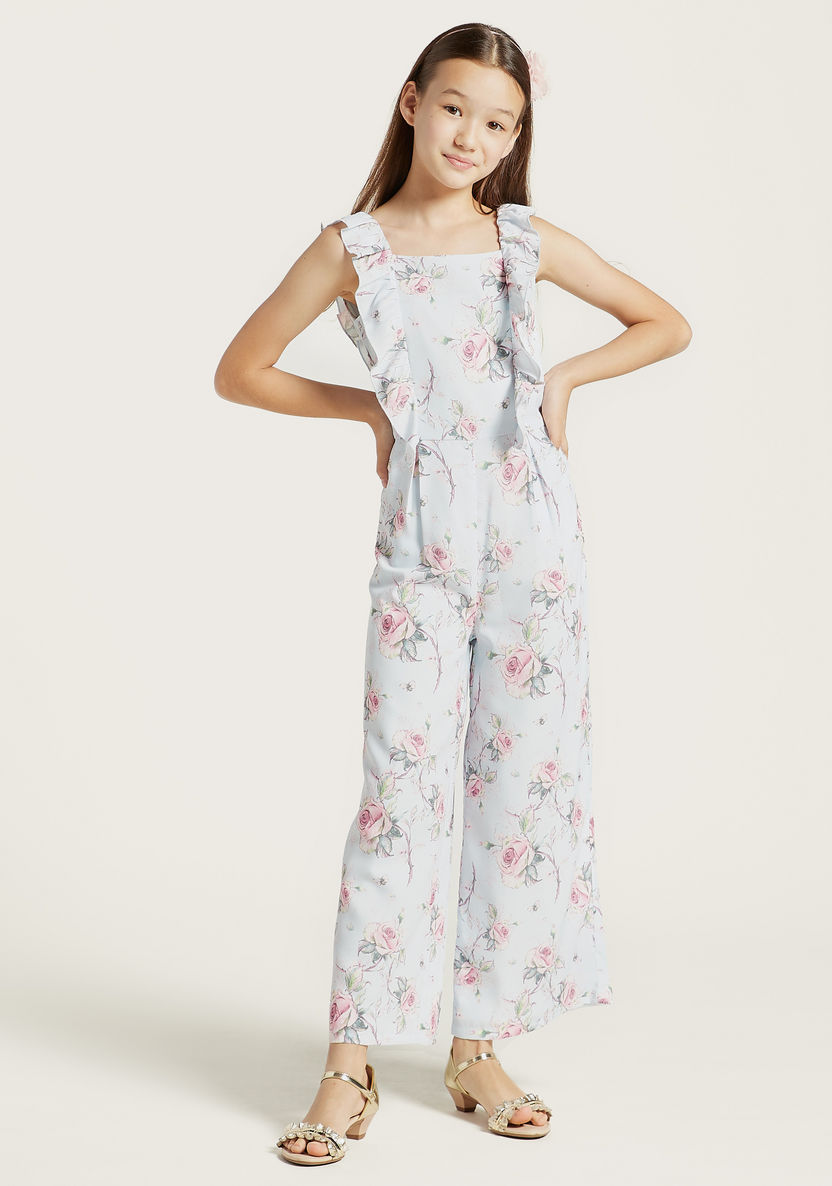 Juniors Floral Print Jumpsuit with Ruffle Detail and Zip Closure-Rompers%2C Dungarees and Jumpsuits-image-0