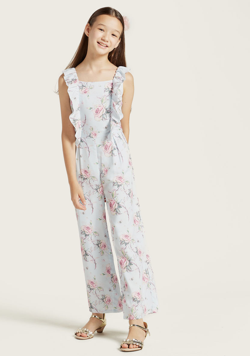 Juniors Floral Print Jumpsuit with Ruffle Detail and Zip Closure-Rompers%2C Dungarees and Jumpsuits-image-1