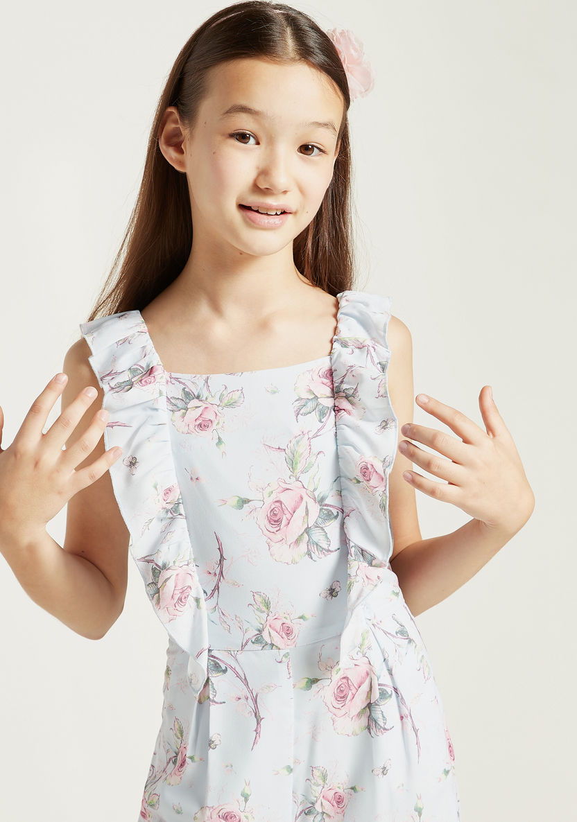 Juniors Floral Print Jumpsuit with Ruffle Detail and Zip Closure-Rompers%2C Dungarees and Jumpsuits-image-2