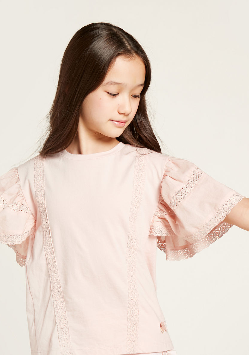 Solid T-shirt with Lace Detail and Flared Short Sleeves-T Shirts-image-3