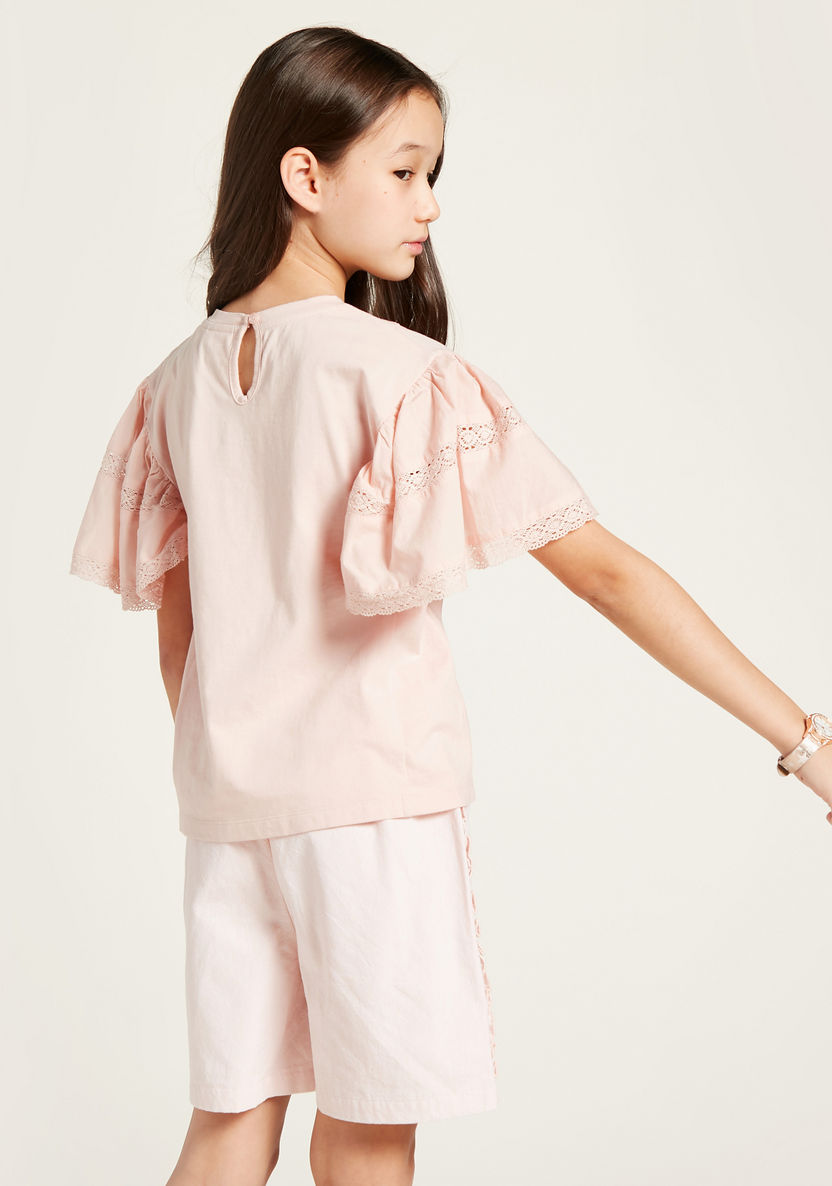 Solid T-shirt with Lace Detail and Flared Short Sleeves-T Shirts-image-4