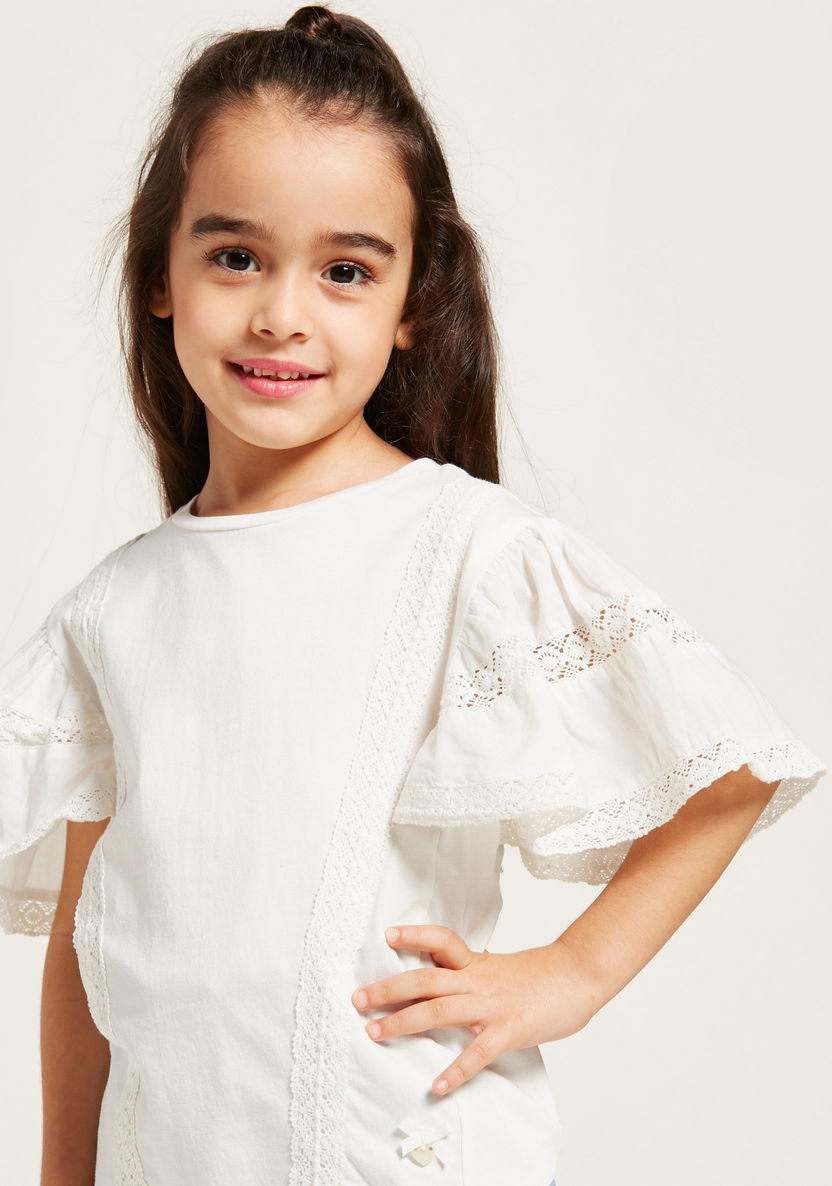 Solid T-shirt with Lace Detail and Frill Sleeves-T Shirts-image-1