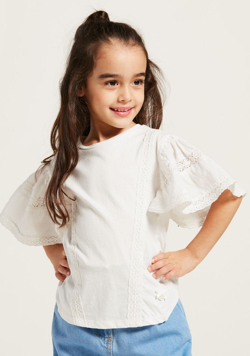 Solid T-shirt with Lace Detail and Frill Sleeves-T Shirts-image-2