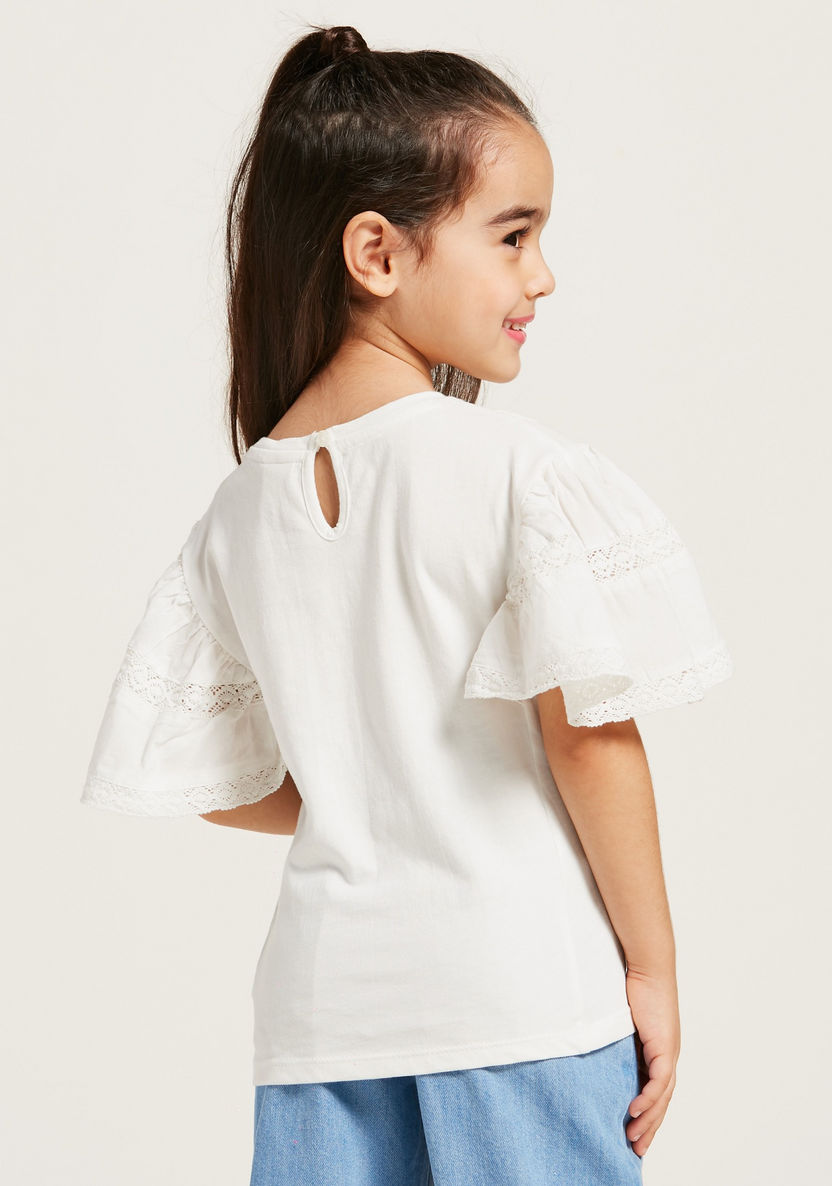 Solid T-shirt with Lace Detail and Frill Sleeves-T Shirts-image-3