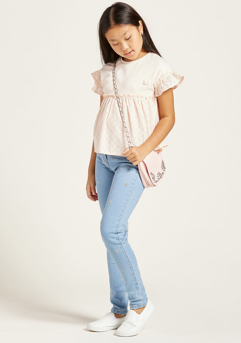 Schiffli Embroidered Top with Crew Neck and Short Sleeves-Blouses-image-0