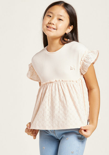 Schiffli Embroidered Top with Crew Neck and Short Sleeves