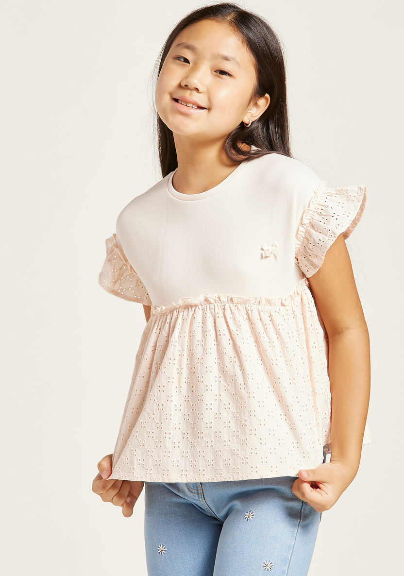 Schiffli Embroidered Top with Crew Neck and Short Sleeves-Blouses-image-1