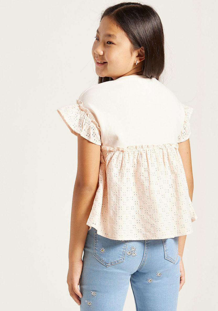 Schiffli Embroidered Top with Crew Neck and Short Sleeves-Blouses-image-3