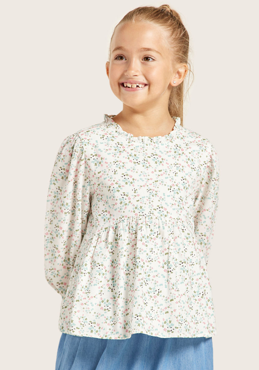 Eligo Floral Print Round Neck Top with Long Sleeves-Blouses-image-1