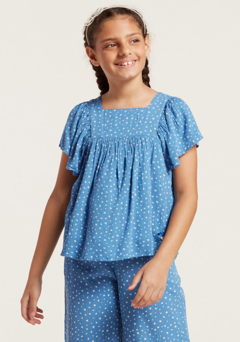Printed Top with Ruffled Short Sleeves and Square Neck-Blouses-image-1