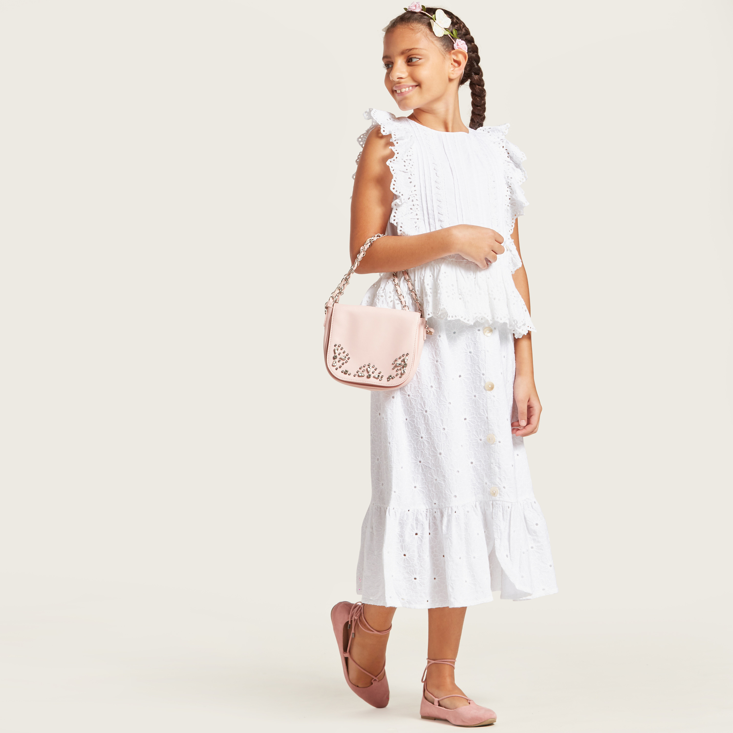 Eligo Schiffli Detail Sleeveless Top with Round Neck-girls-clothing-blousesandshirts-image-1