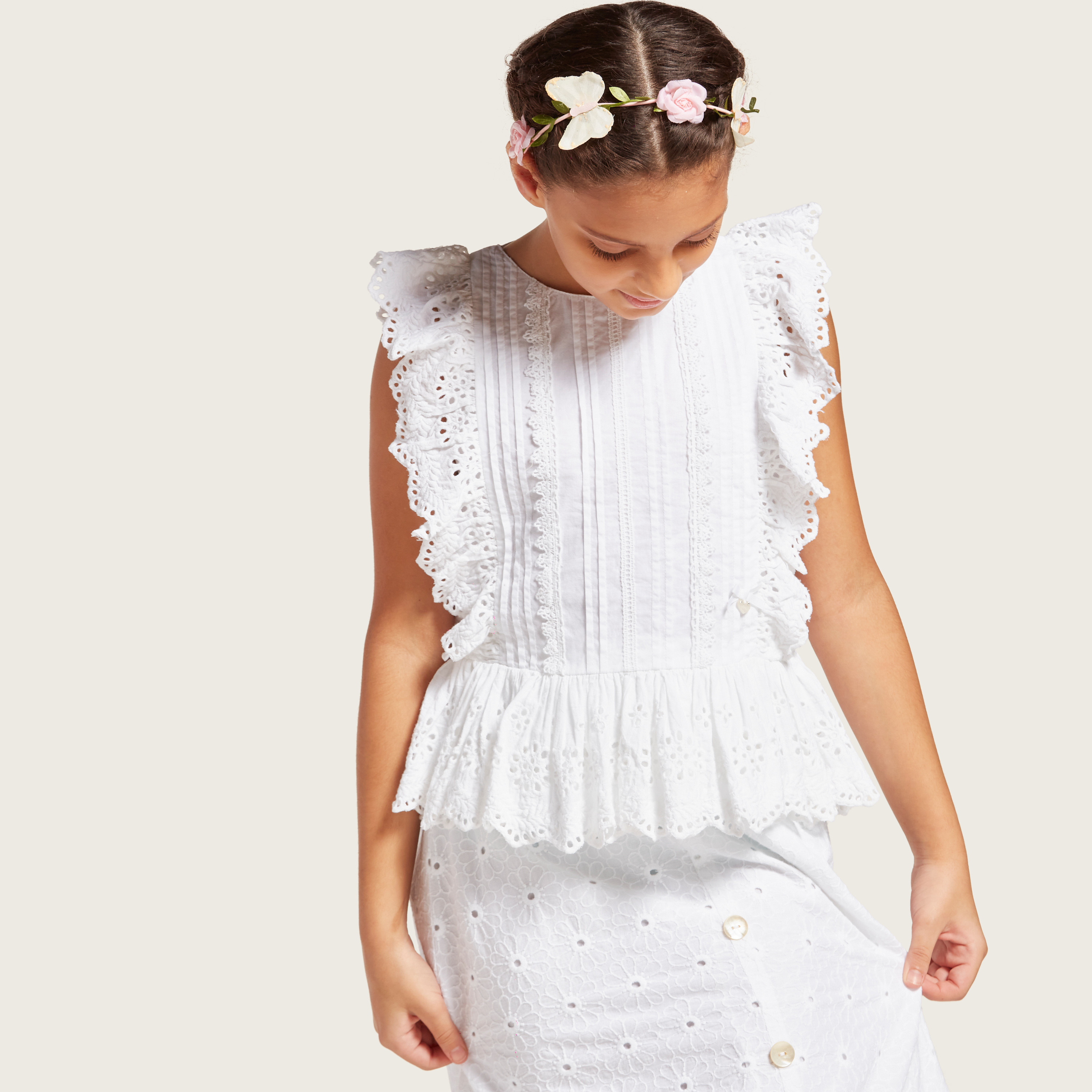 Eligo Schiffli Detail Sleeveless Top with Round Neck-girls-clothing-blousesandshirts-image-3