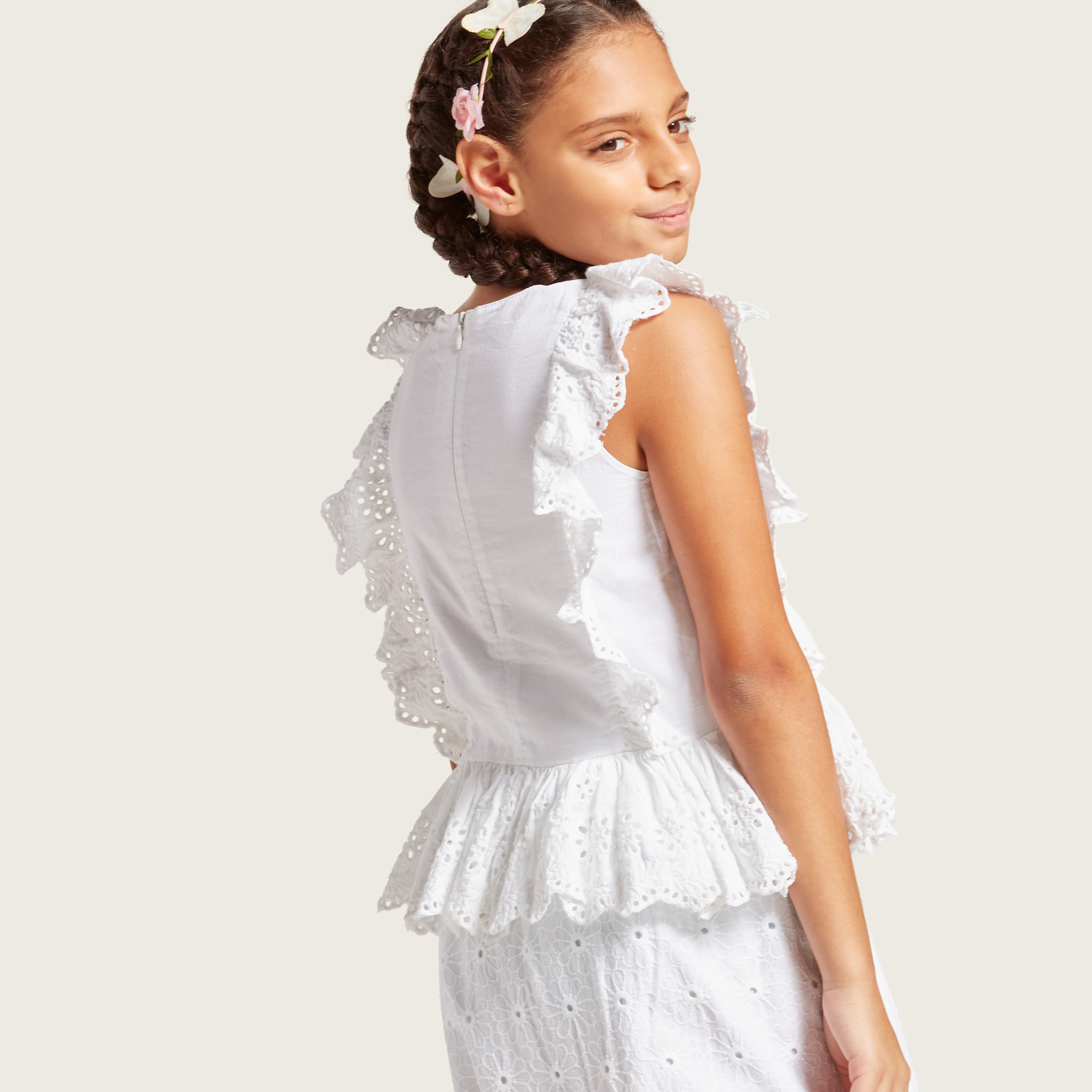 Eligo Schiffli Detail Sleeveless Top with Round Neck-girls-clothing-blousesandshirts-image-4