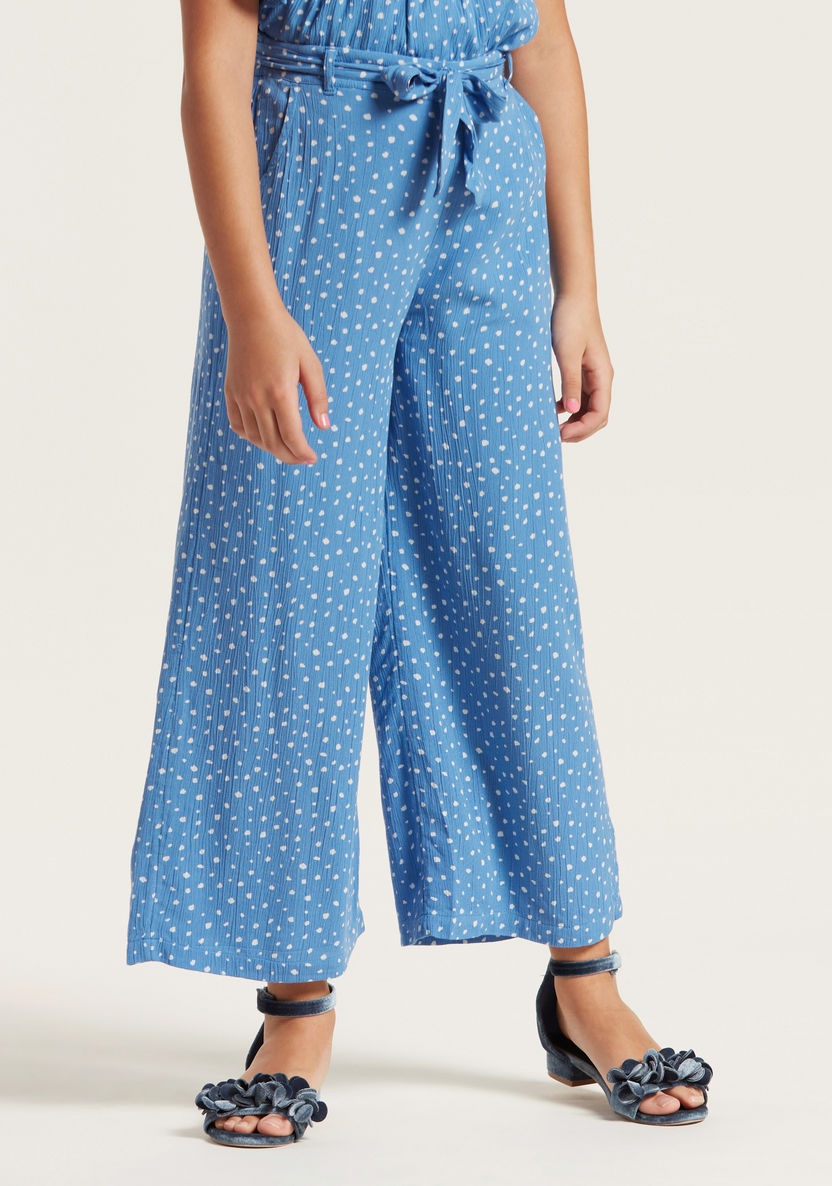Spot Print Wide-Legged Jumpsuit with Short Frilly Sleeves-Pants-image-1