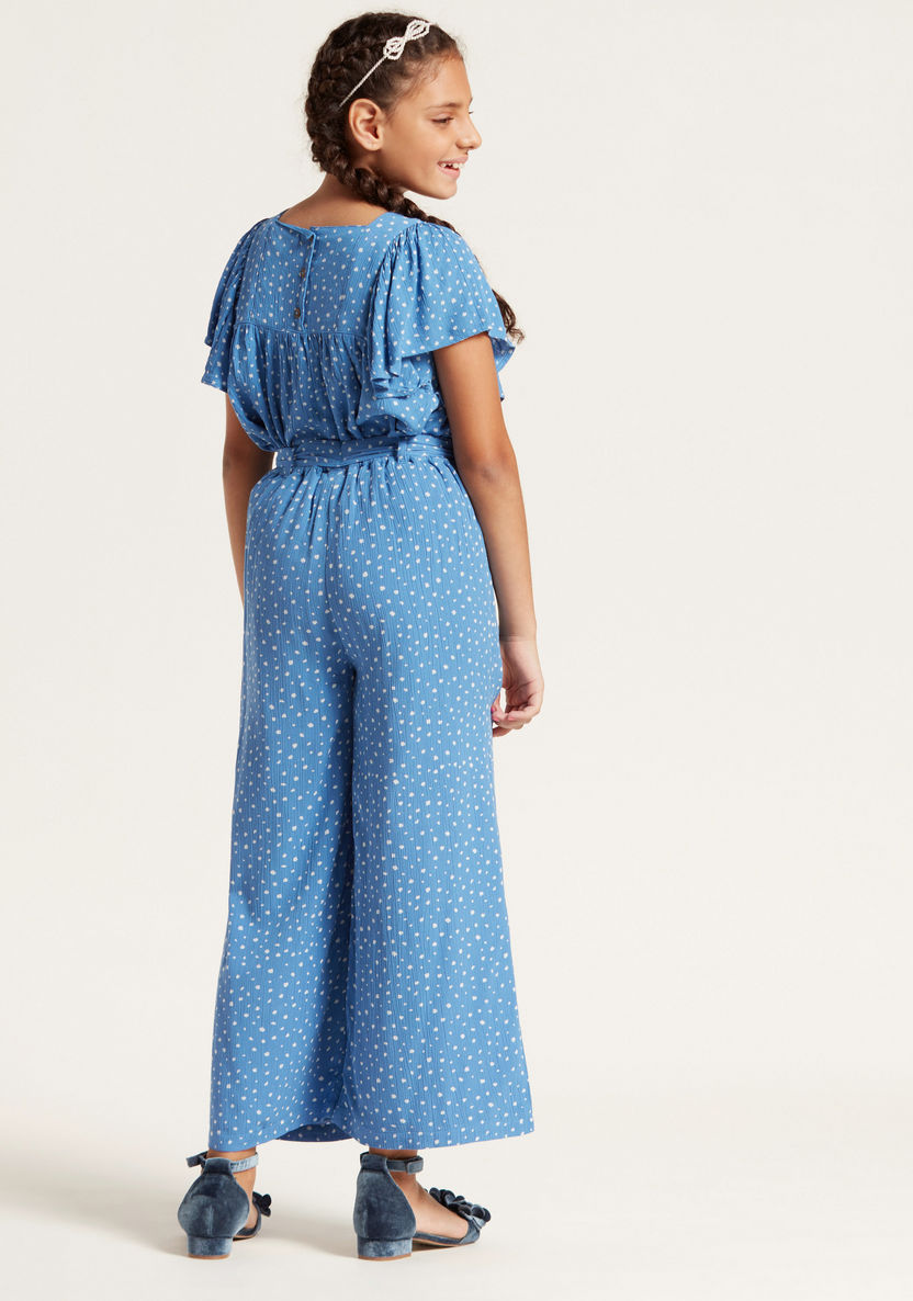 Spot Print Wide-Legged Jumpsuit with Short Frilly Sleeves-Pants-image-3