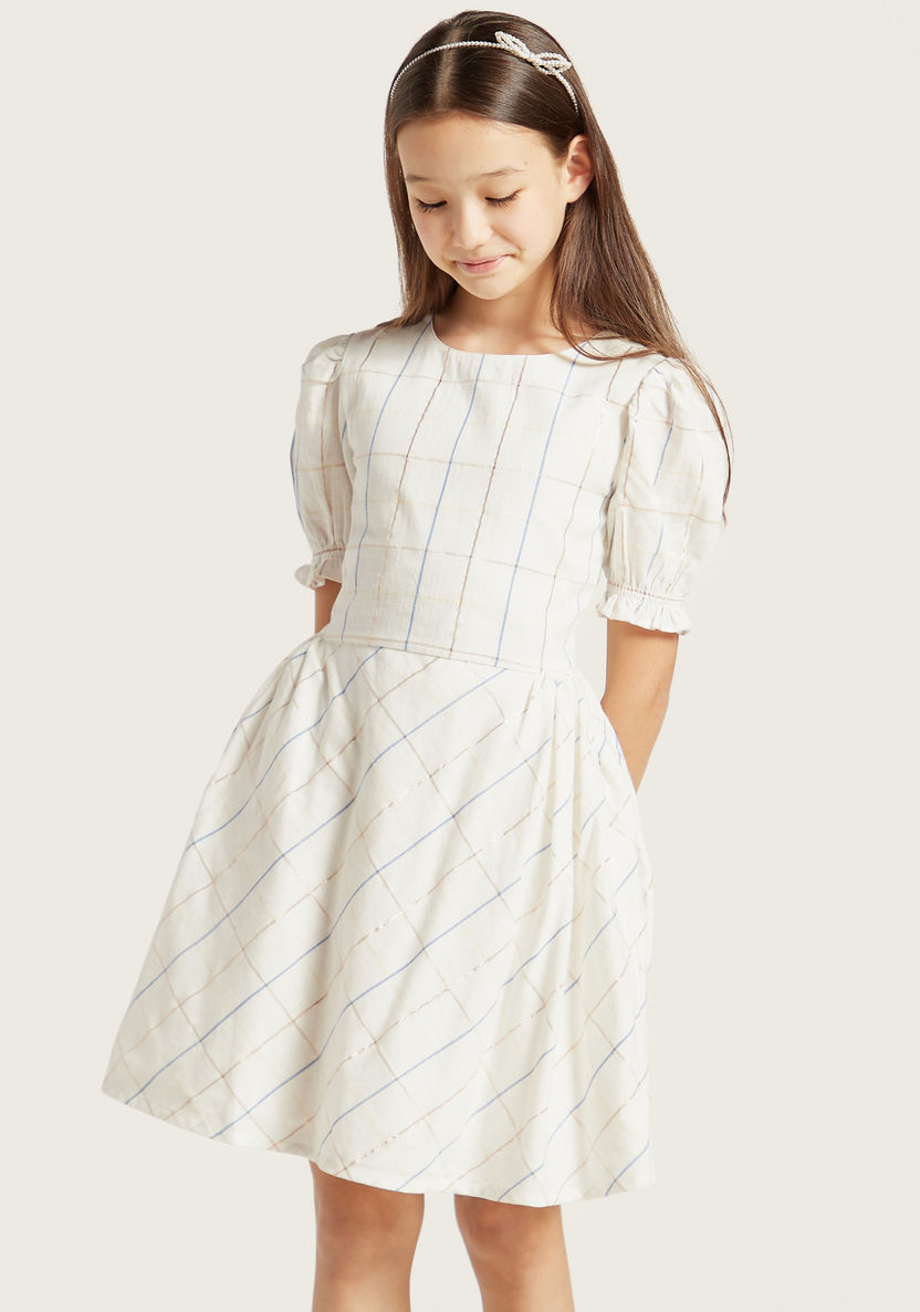 Eligo Round Neck Checked Dress with Side Pleats-Dresses%2C Gowns and Frocks-image-1