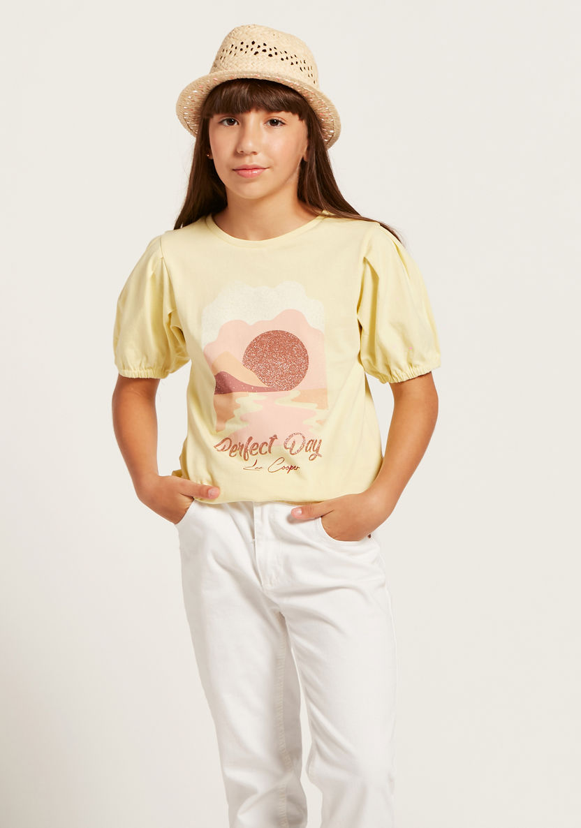 Lee Cooper Graphic T-shirt with Puff Sleeves and Round Neck-T Shirts-image-1