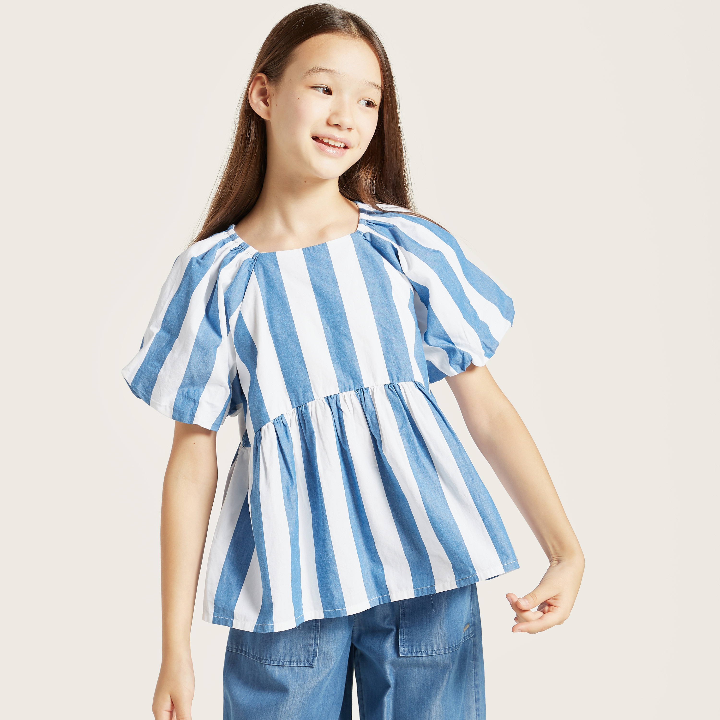 Lee Cooper Striped Blouse with Balloon Sleeves-girls-clothing-blousesandshirts-image-2