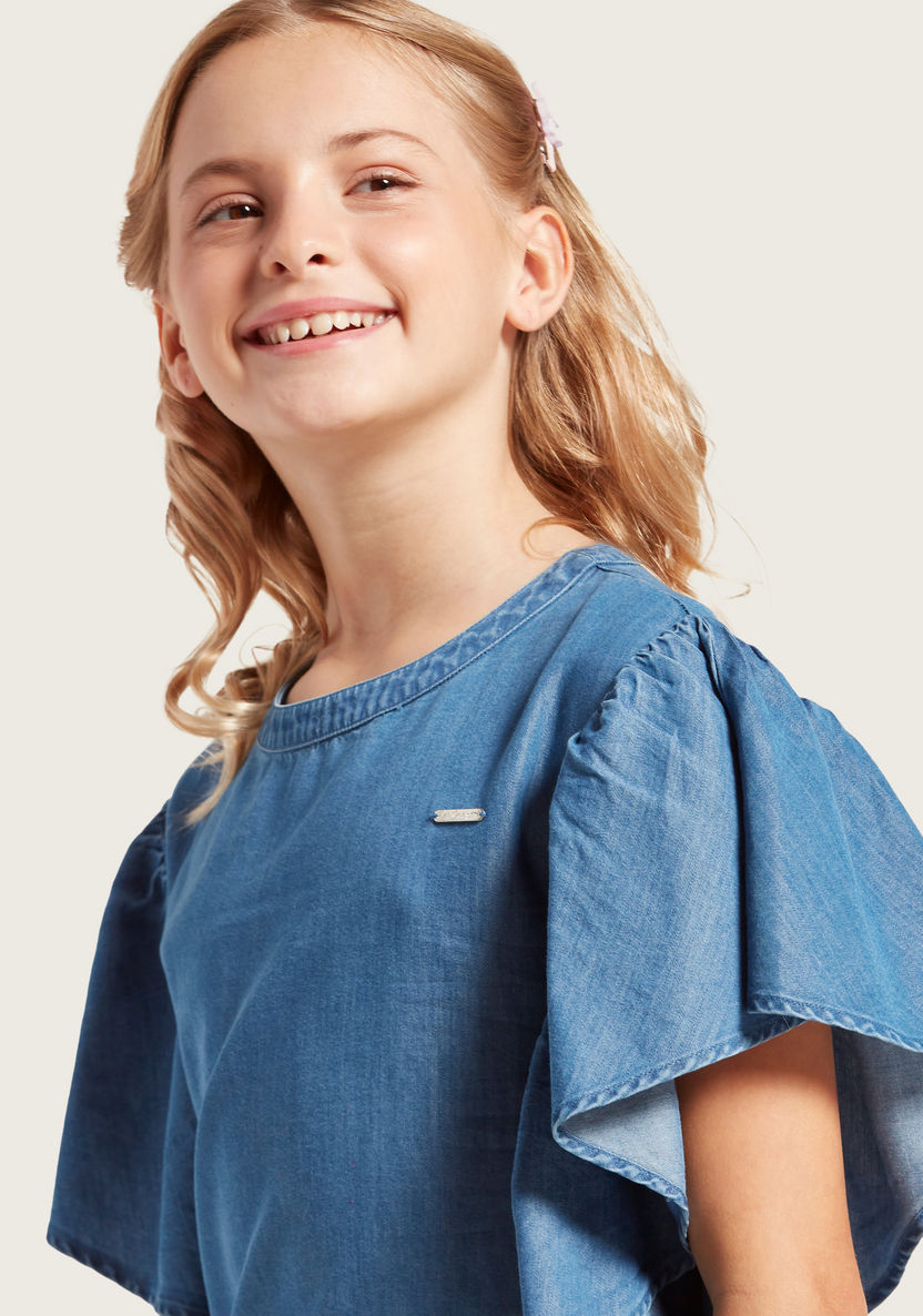 Lee Cooper Solid Top with Round Neck and Ruffle Sleeves-Blouses-image-1