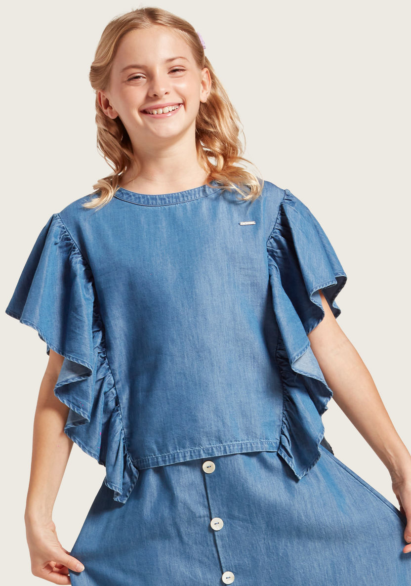 Lee Cooper Solid Top with Round Neck and Ruffle Sleeves-Blouses-image-2