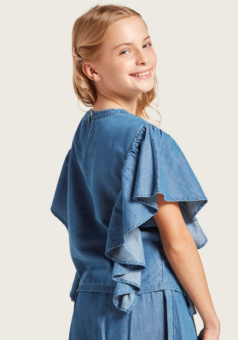 Lee Cooper Solid Top with Round Neck and Ruffle Sleeves-Blouses-image-3
