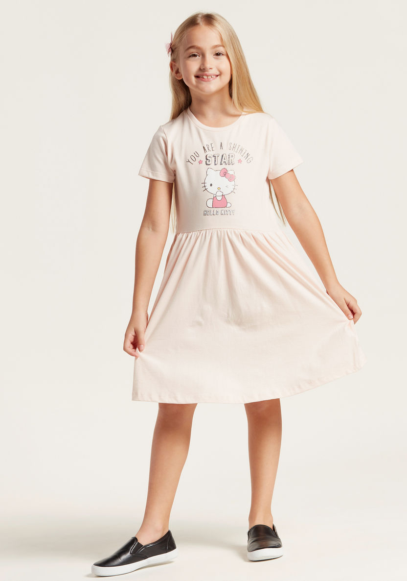 Sanrio Hello Kitty Print Round Neck Dress with Short Sleeves-Dresses%2C Gowns and Frocks-image-0