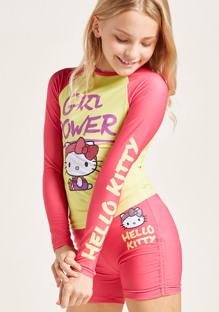 Hello Kitty Print Rash Guard T-shirt and Shorts Set-Swimwear-image-2
