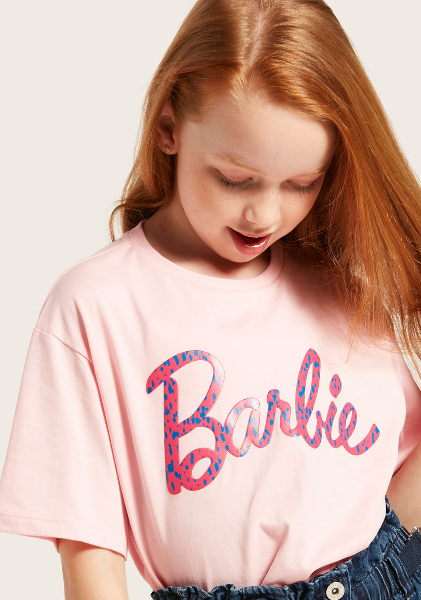 Barbie Text Print T-shirt with Round Neck and Short Sleeves-T Shirts-image-1
