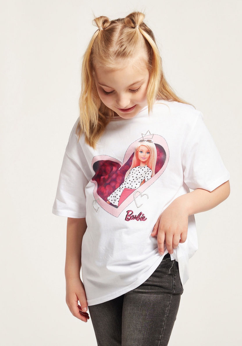 Barbie Print Round Neck T-shirt with Short Sleeves-T Shirts-image-0