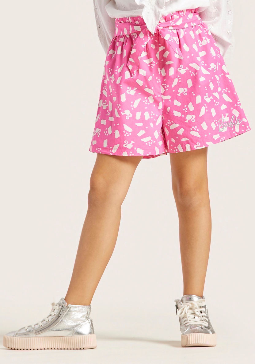 Barbie Print Shorts with Elasticated Paperbag Waist-Shorts-image-1