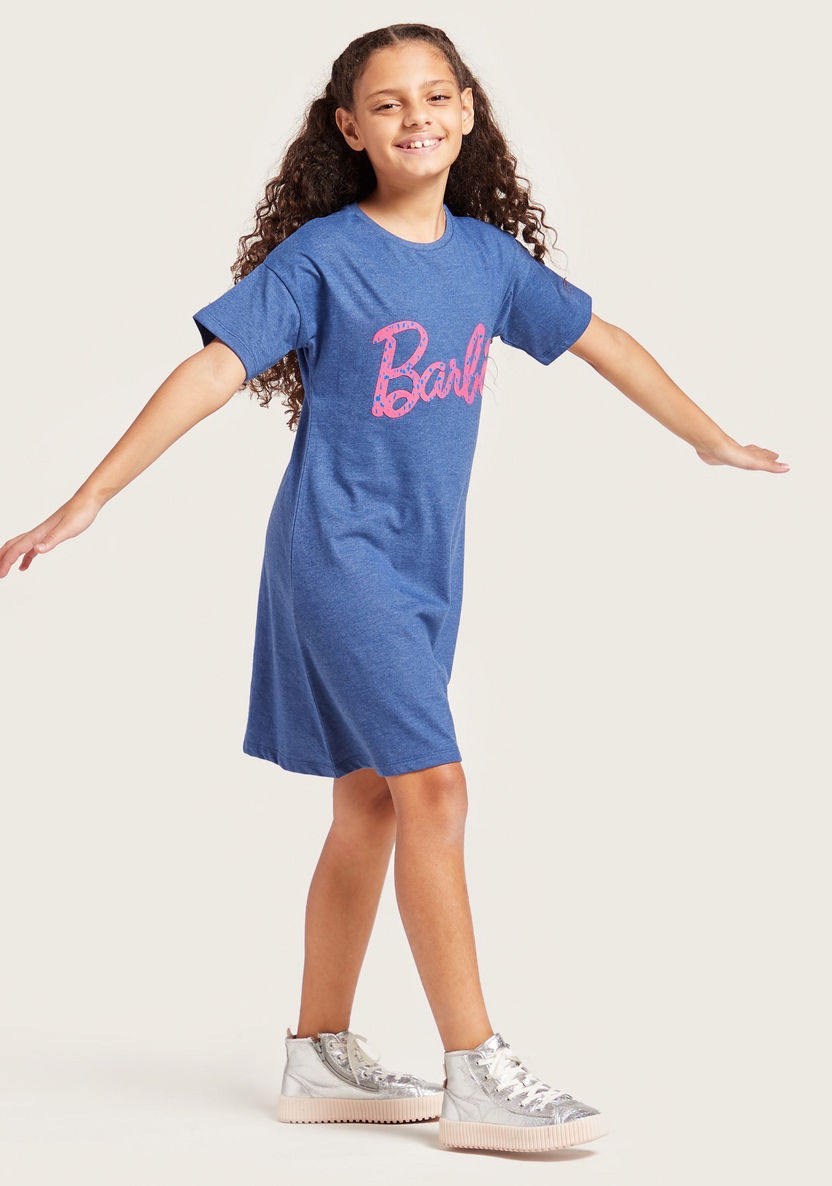 Barbie Text Print Dress with Round Neck and Short Sleeves-Dresses%2C Gowns and Frocks-image-2
