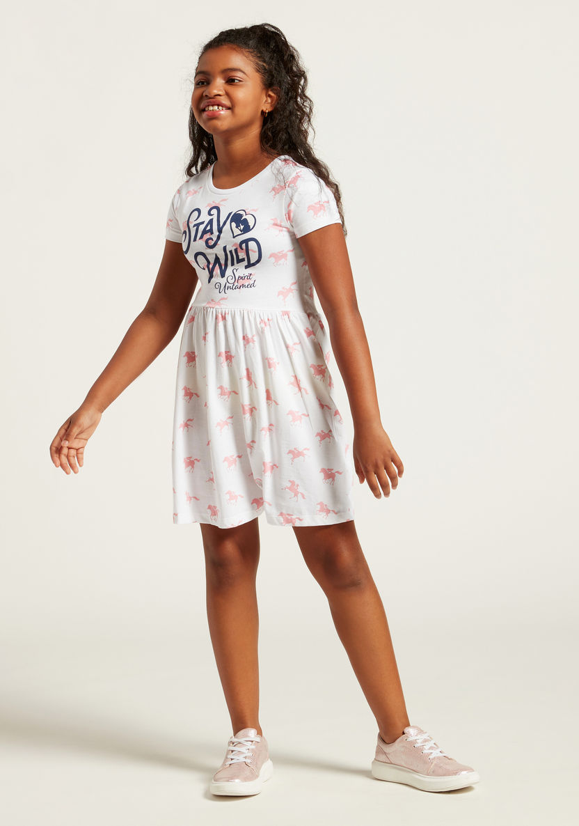All-Over Spirit Print Dress with Round Neck and Short Sleeves-Dresses%2C Gowns and Frocks-image-1