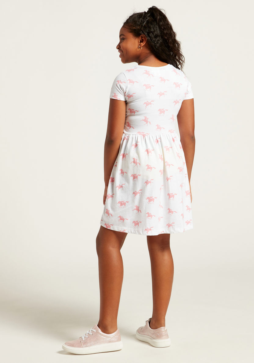 All-Over Spirit Print Dress with Round Neck and Short Sleeves-Dresses%2C Gowns and Frocks-image-3