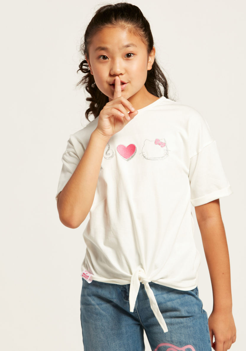 Sanrio Hello Barbie Print T-shirt with Short Sleeves and Knot Detail-T Shirts-image-0