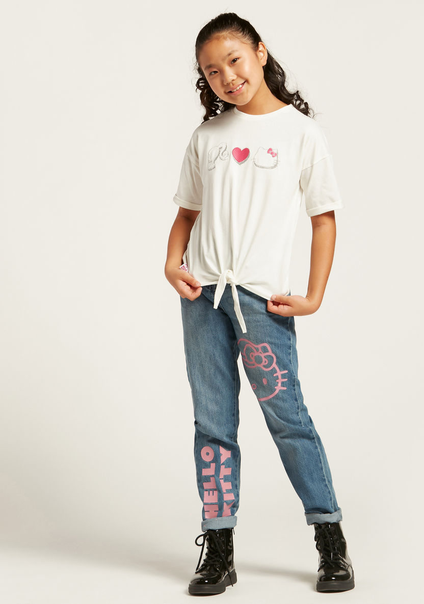 Sanrio Hello Barbie Print T-shirt with Short Sleeves and Knot Detail-T Shirts-image-1