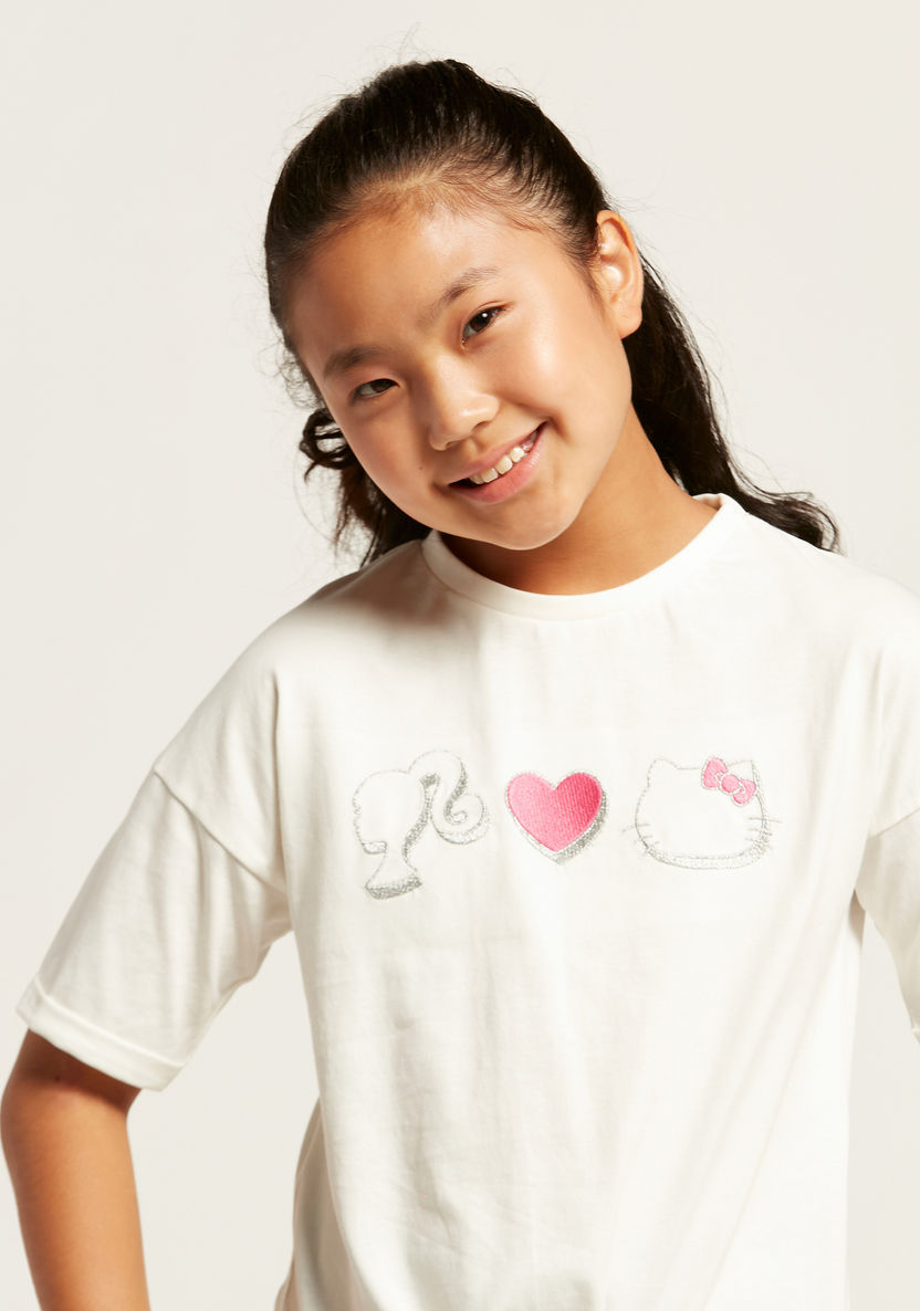 Sanrio Hello Barbie Print T-shirt with Short Sleeves and Knot Detail-T Shirts-image-2