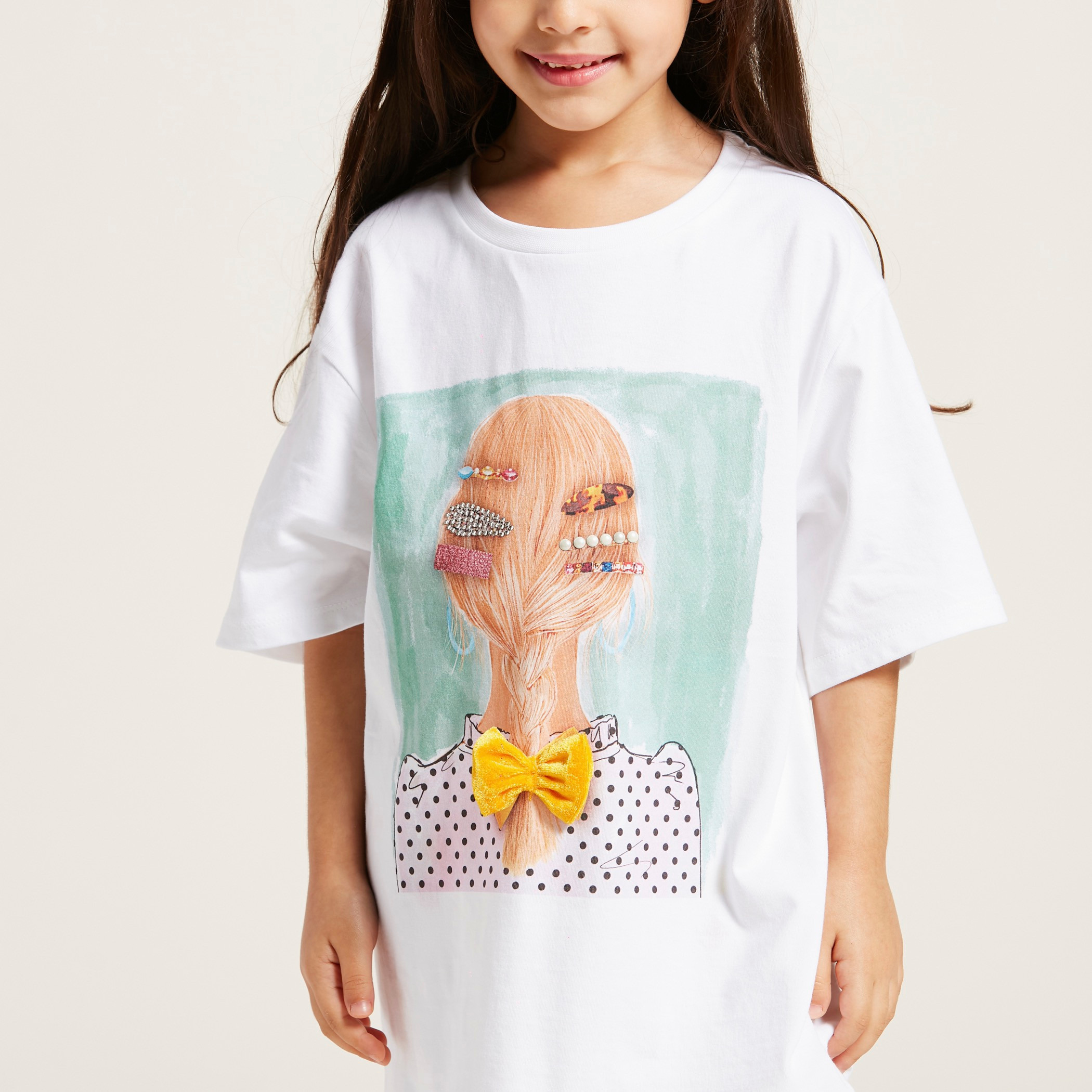 Iconic Embellished Oversized T-shirt with Round Neck and Short Sleeves-girls-clothing-schoolwear-tshirts-image-2