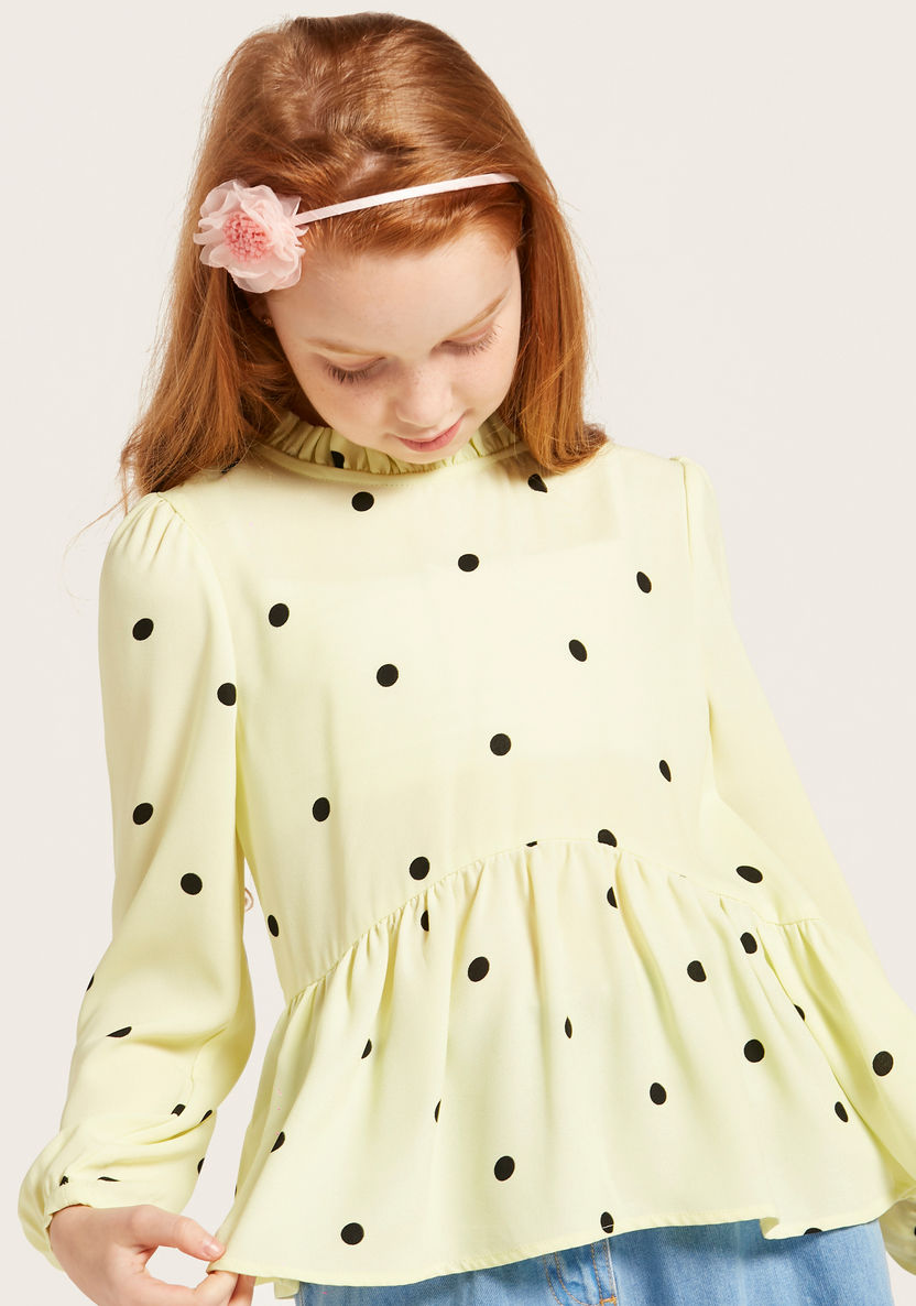 Iconic Polka Dot Print Round Neck Top with Long Sleeves-Blouses-image-1