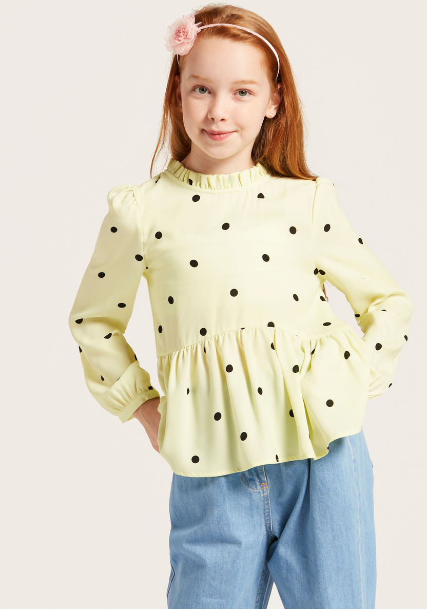 Iconic Polka Dot Print Round Neck Top with Long Sleeves-Blouses-image-2