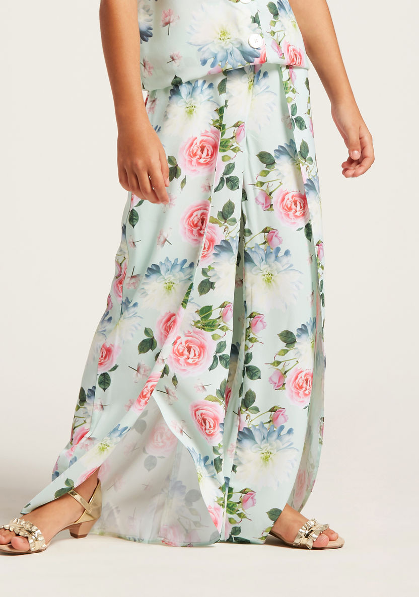 Iconic Floral Print Wide Legged Pants with Slits-Pants-image-1