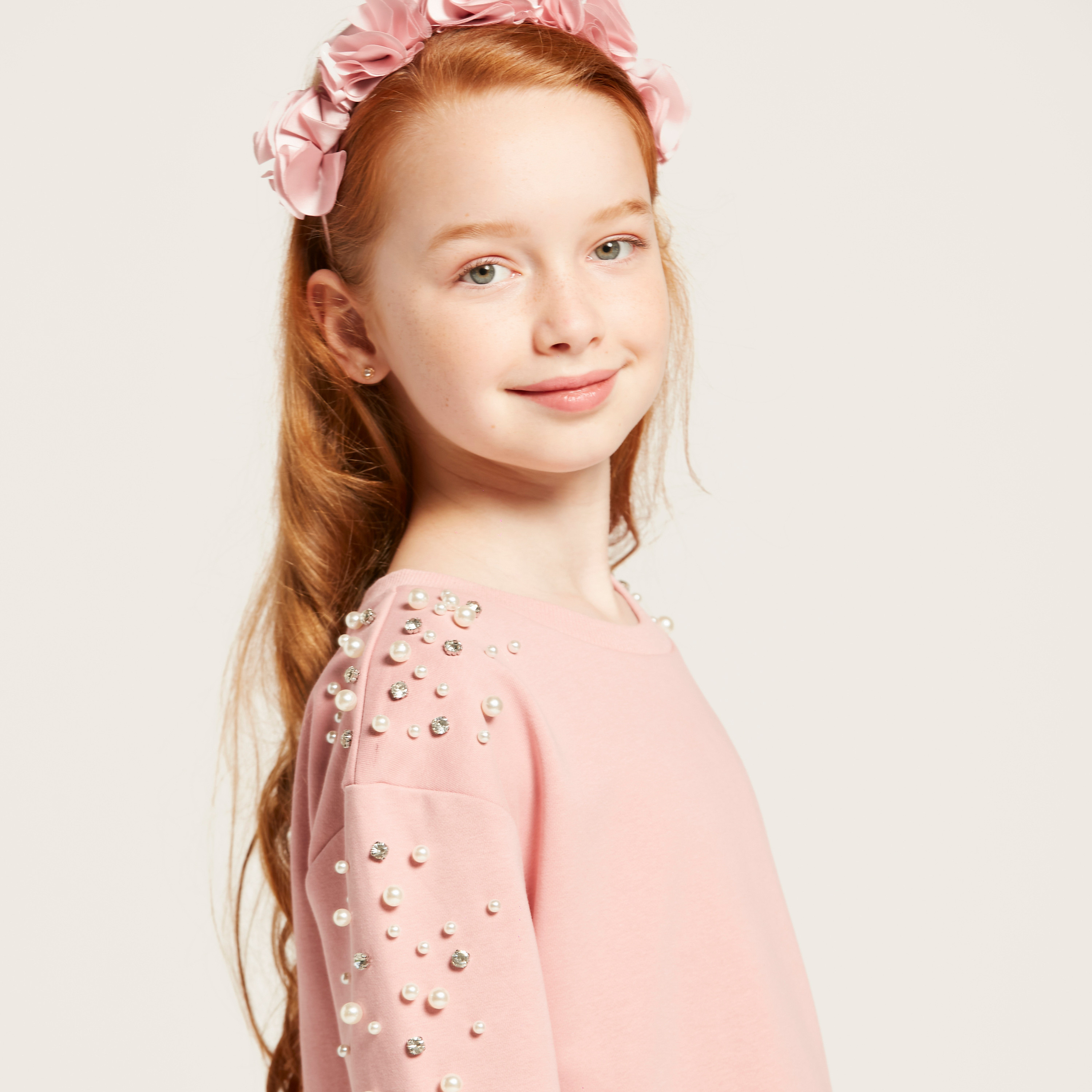 Iconic Pearl Embellished Round Neck Dress with Mesh Overlay-girls-clothing-dressesandjumpsuits-image-2