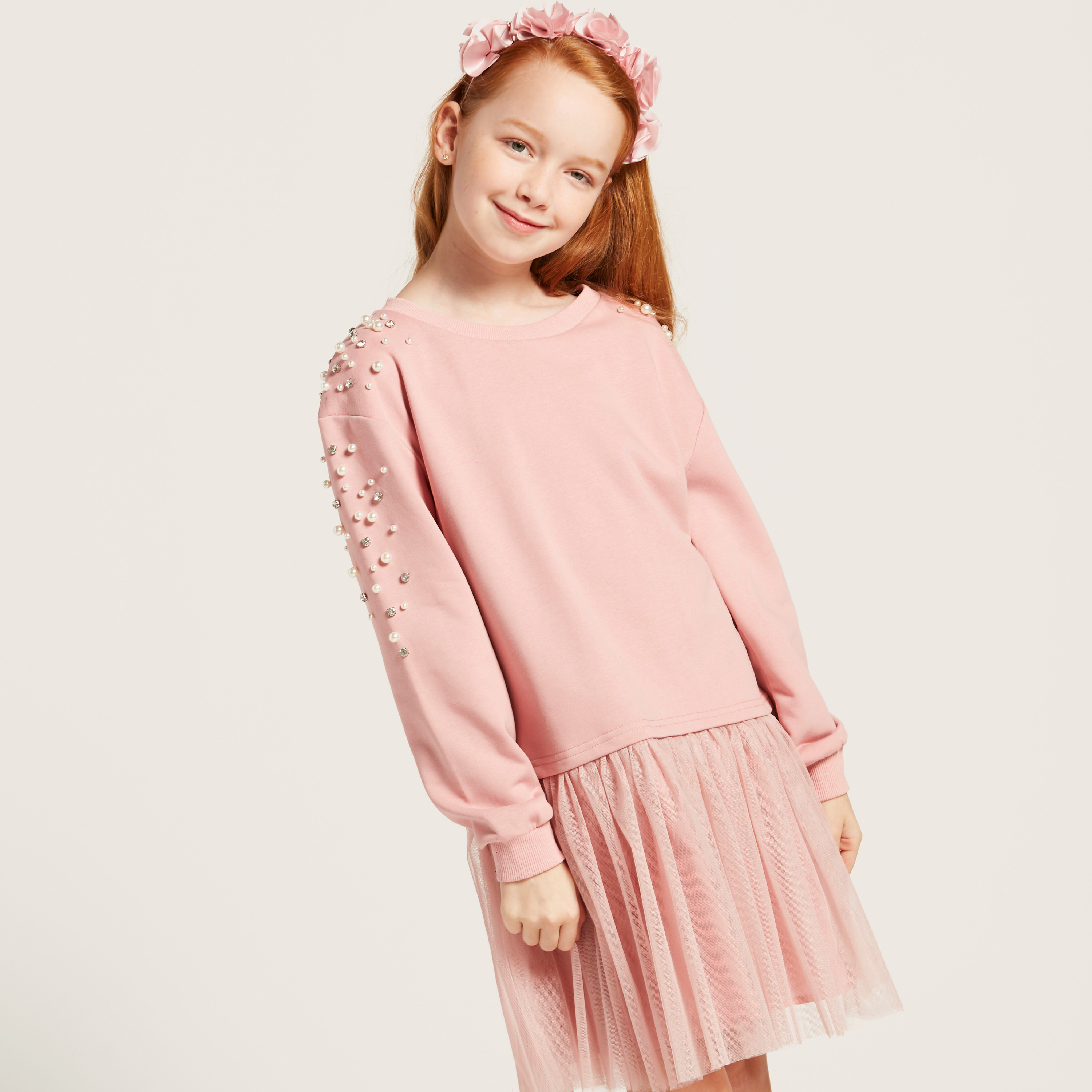 Iconic Pearl Embellished Round Neck Dress with Mesh Overlay-girls-clothing-dressesandjumpsuits-image-3
