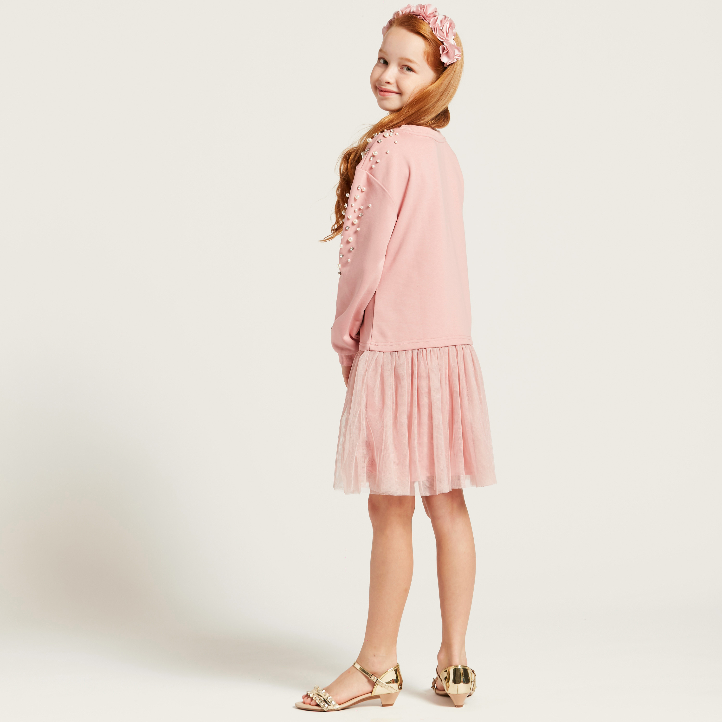 Iconic Pearl Embellished Round Neck Dress with Mesh Overlay-girls-clothing-dressesandjumpsuits-image-4